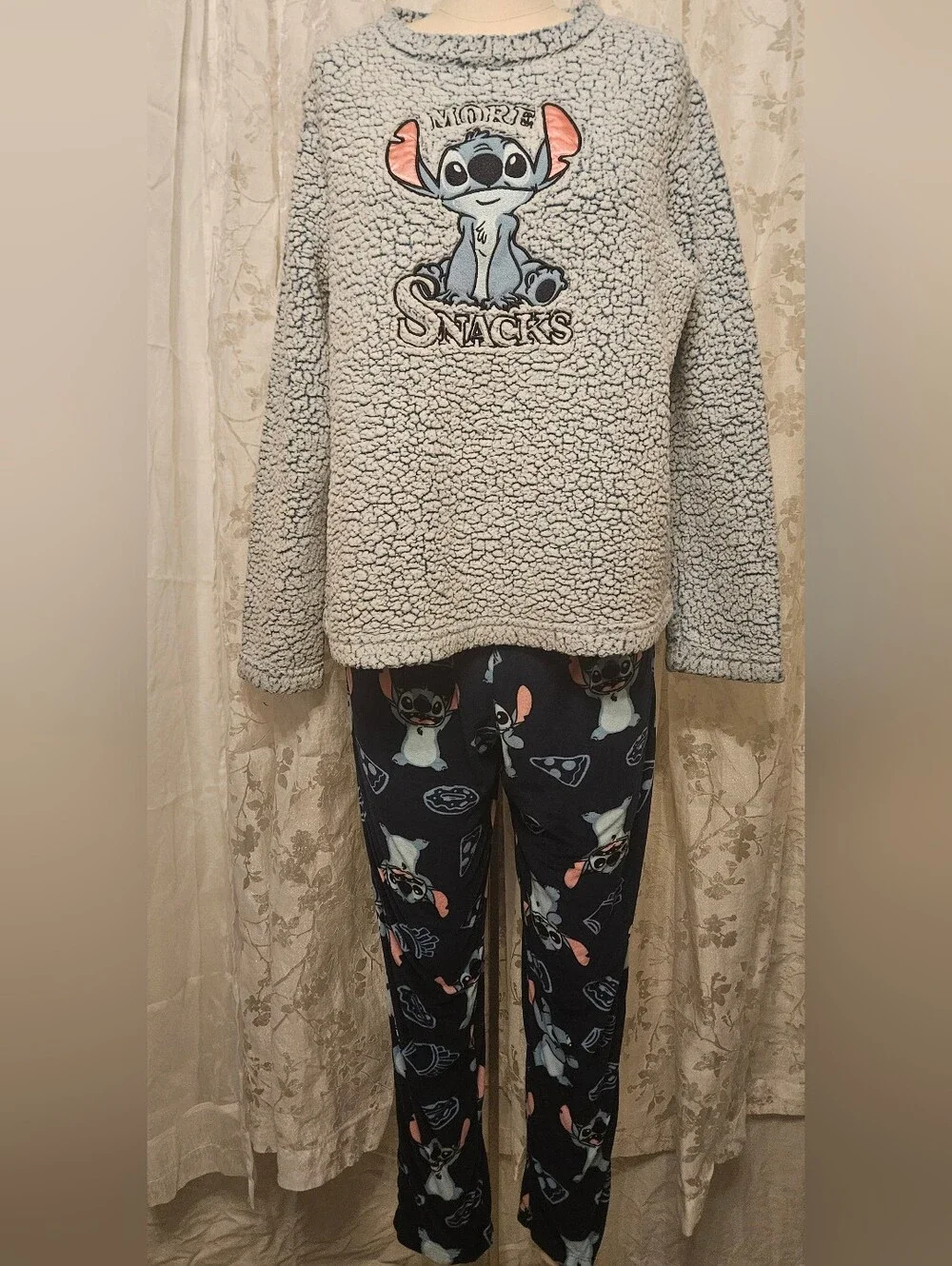 Disney Stitch More Snacks Sherpa Kids Pajama Set - Light Blue Top & Navy Pants